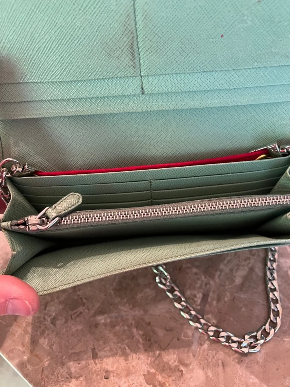 Prada Saffiano Leather Clutch in Mint Green with Silver Chain insert - Picture 16 of 17